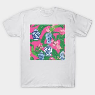 Chinoiserie jars, leaves and cherry blossom on hot pink T-Shirt